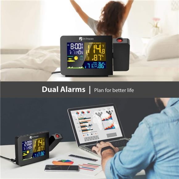 Projection Alarm Clock for Bedrooms with Indoor & Outdoor Temperature Display - Picture 5 of 5